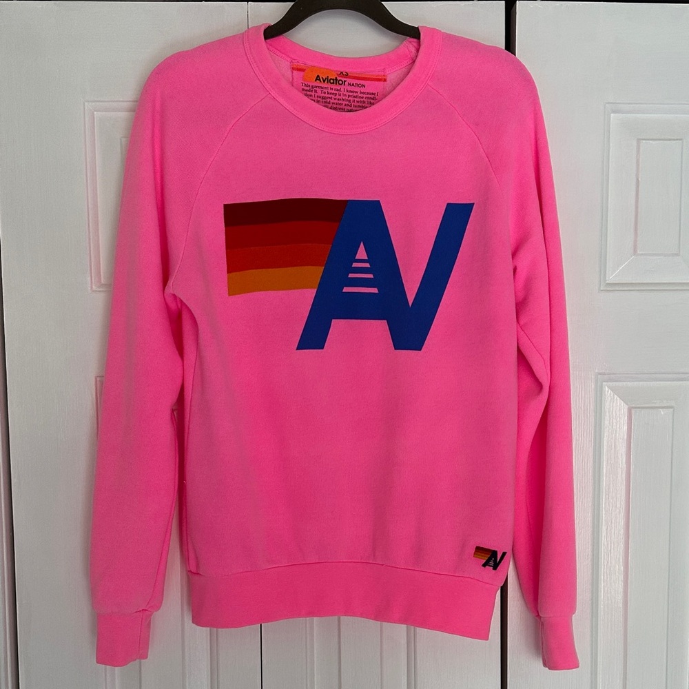 Brand new -Aviator Nation Pink Crewneck with Blue and Red Accents-tried on once